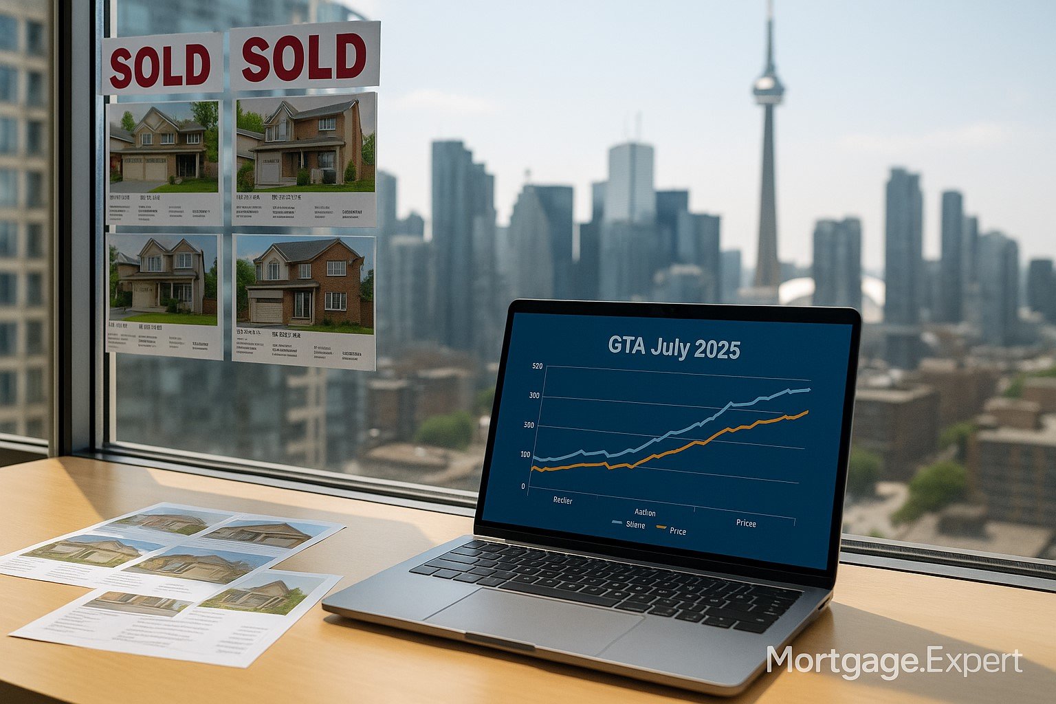 Toronto housing market rebound in July 2025, shown via sales chart on laptop and real estate listings in downtown office