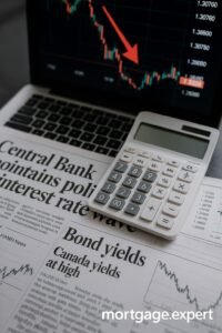 "A high-resolution photo showing financial documents, a Reuters news headline about interest rates, and a calculator placed on a wooden desk — symbolizing mortgage market reaction to a rate announcement. No human faces, bright daylight."