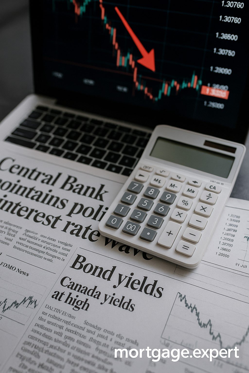 "A high-resolution photo showing financial documents, a Reuters news headline about interest rates, and a calculator placed on a wooden desk — symbolizing mortgage market reaction to a rate announcement. No human faces, bright daylight."