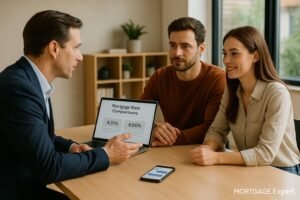 "Canadian mortgage broker comparing rates with a couple, AI chatbot visible on phone, Mortgage.Expert watermark."