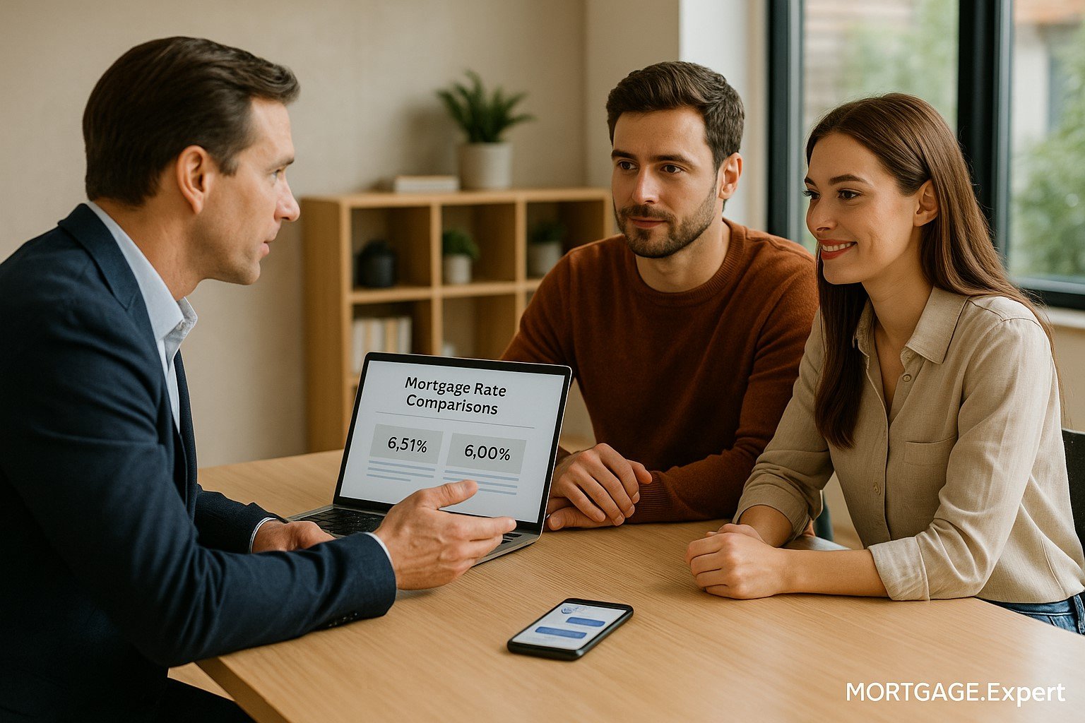 "Canadian mortgage broker comparing rates with a couple, AI chatbot visible on phone, Mortgage.Expert watermark."