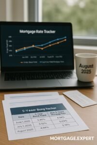 "A financial workstation showing a laptop with a ‘Mortgage Rate Tracker’ graph, printed table comparing bond yields and fixed rates, and a coffee mug labeled ‘August 2025’ — bright daylight, no human faces."