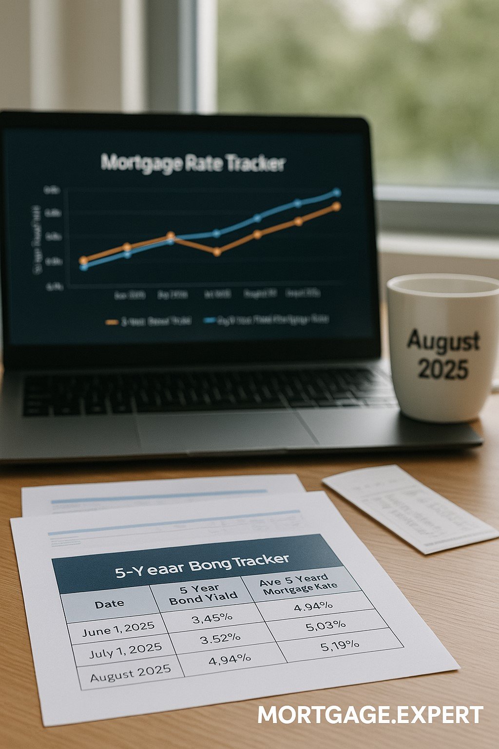 "A financial workstation showing a laptop with a ‘Mortgage Rate Tracker’ graph, printed table comparing bond yields and fixed rates, and a coffee mug labeled ‘August 2025’ — bright daylight, no human faces."
