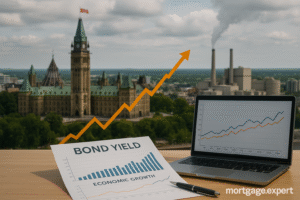 Canadian Parliament building with financial charts showing rising bond yields and economic growth, mortgage.expert watermark.