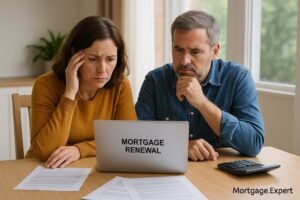 Canadian couple reviewing mortgage renewal documents with concern over rising payments.
