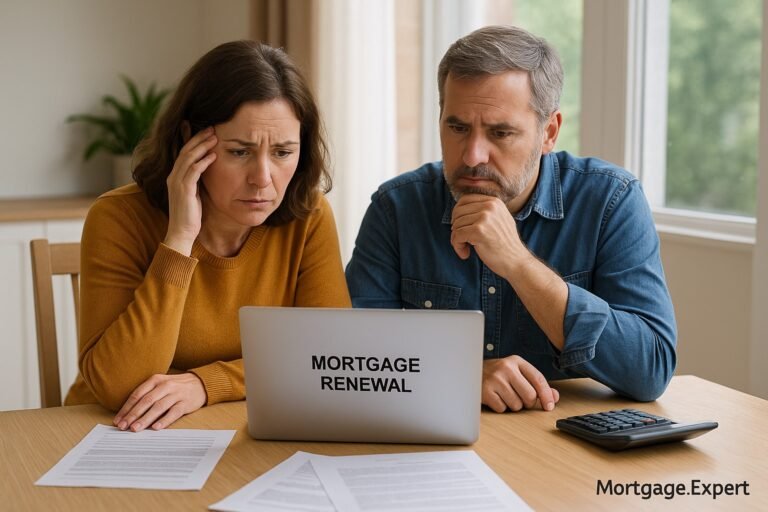 Canadian couple reviewing mortgage renewal documents with concern over rising payments.