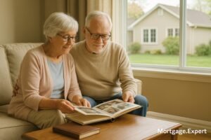 An elderly Canadian couple sitting in their living room, browsing through family photo albums on a coffee table, with their detached suburban home visible through the window in the background. Bright daylight indoor setting.