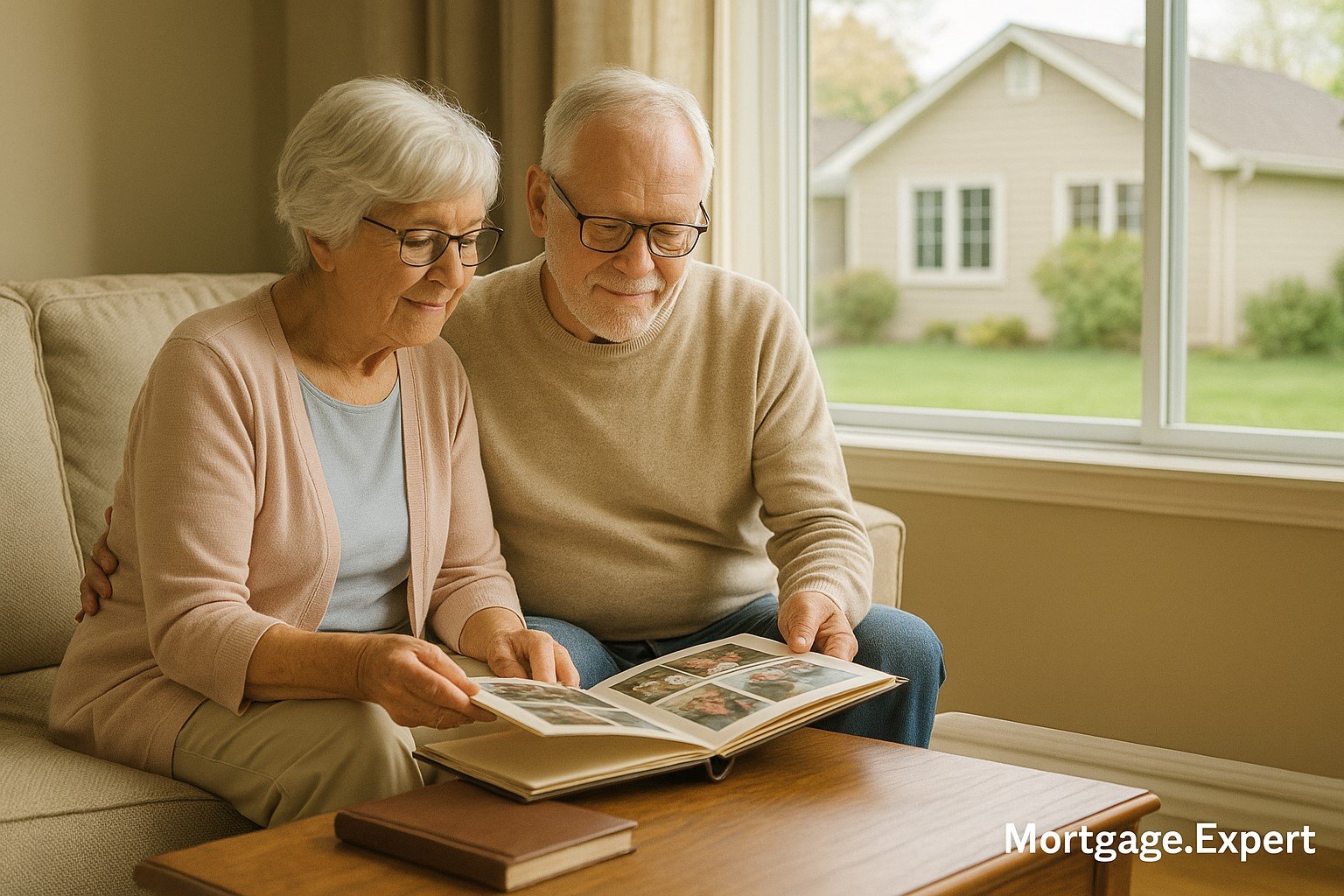 An elderly Canadian couple sitting in their living room, browsing through family photo albums on a coffee table, with their detached suburban home visible through the window in the background. Bright daylight indoor setting.