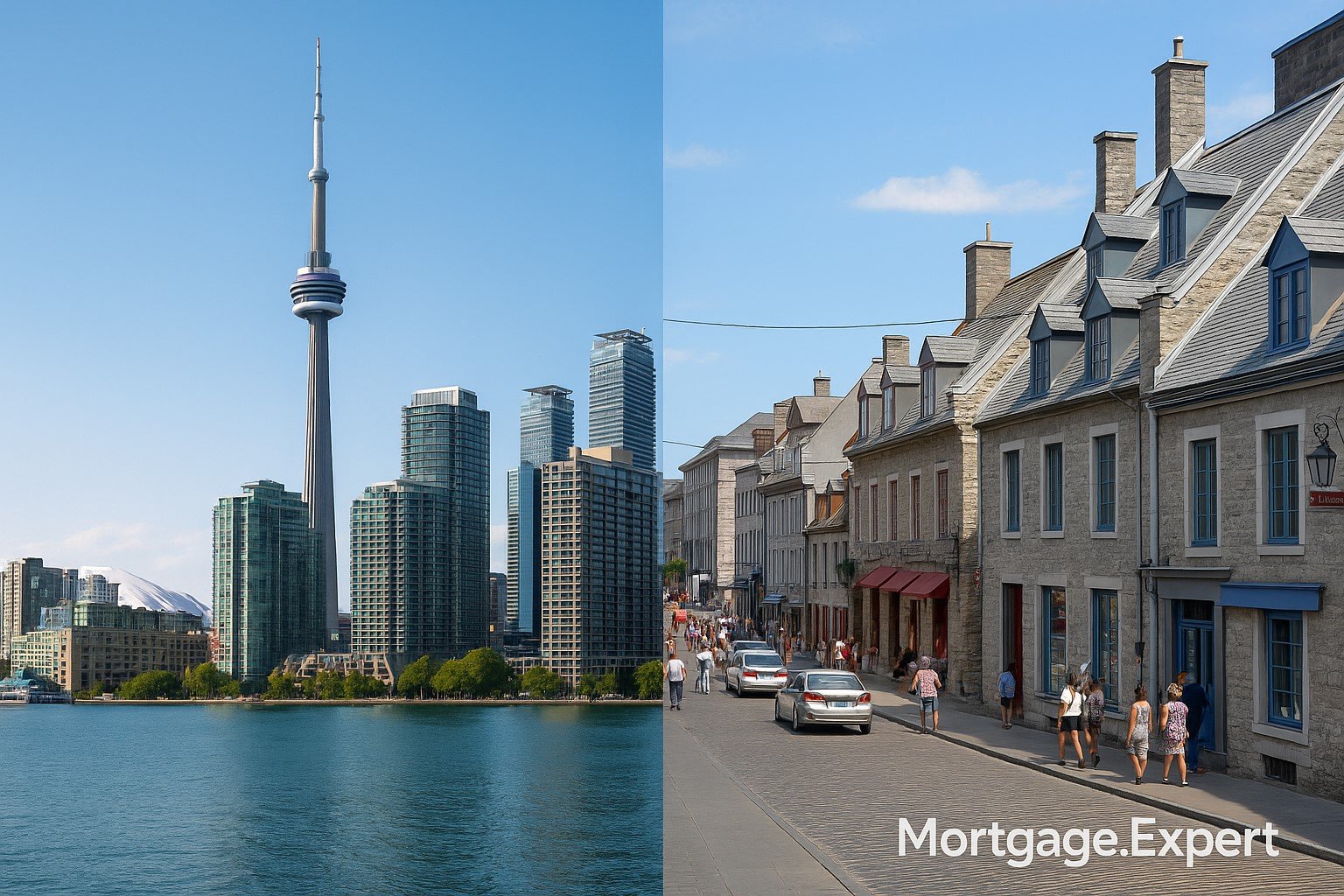 Split-screen view of Toronto’s skyline with modern high-rise condos on the left and Montreal’s historic residential street scene on the right, captured in daylight, no people, clean and realistic, with a semi-transparent “Mortgage.Expert” watermark at the bottom-right.