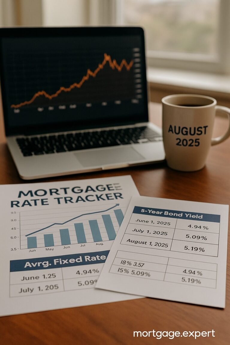 "A financial desk setup with mortgage policy documents, a printed CRS compliance form, and a laptop screen displaying 'CRS Guidelines Canada 2025'. Natural daylight, no human faces, organized workspace."