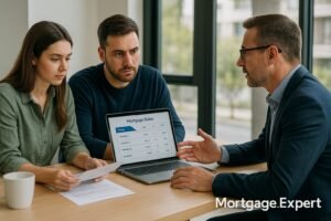 “Canadian couple meeting with a mortgage broker in a modern office, reviewing digital mortgage rate comparisons on a laptop.”