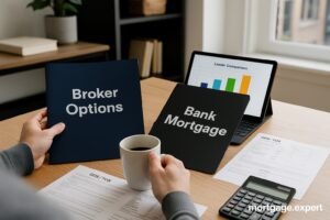 A Canadian borrower comparing mortgage documents from a bank and a broker on a home office desk, with a tablet displaying a rate comparison chart.
