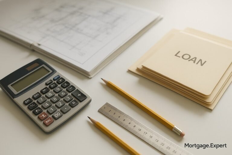 Construction blueprints with calculator and loan folders on a bright desk.