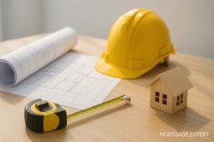 Construction blueprint, yellow hard hat, tape measure, and wooden house model on a clean tabletop in natural daylight