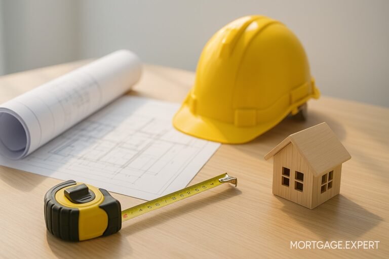 Construction blueprint, yellow hard hat, tape measure, and wooden house model on a clean tabletop in natural daylight