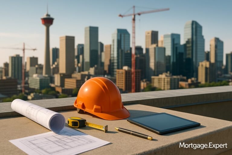 Blueprint, helmet and tablet on a rooftop with Calgary skyline and cranes behind.