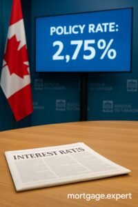 A digital illustration of a Bank of Canada press conference setup showing a monitor with “Policy Rate: 2.75%” in bold, a folded newspaper with headlines, and a Canadian flag in the background; watermark of mortgage.expert at the bottom right.