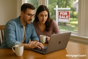 Canadian couple browsing home listings despite U.S. tariff concerns, real estate sign outside window.