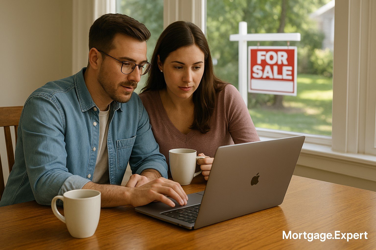 Canadian couple browsing home listings despite U.S. tariff concerns, real estate sign outside window.