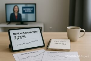 Office desk with Bank of Canada rate chart (2.75%) on tablet, bond yield data, and a notepad titled Fall 2025 Strategy