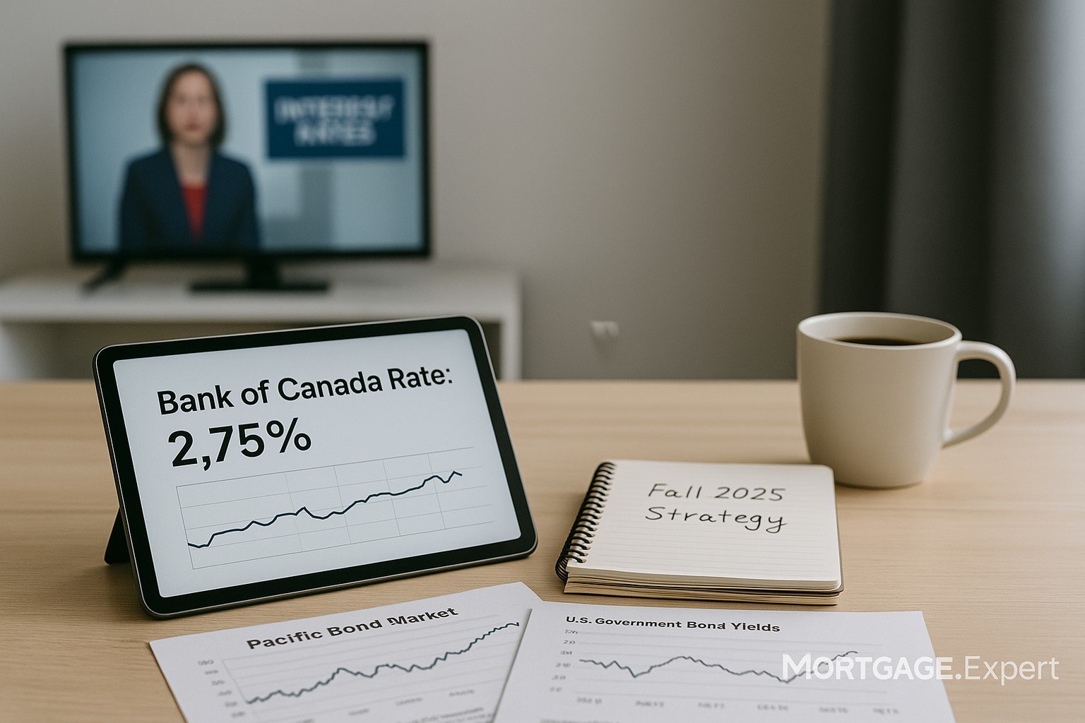 Office desk with Bank of Canada rate chart (2.75%) on tablet, bond yield data, and a notepad titled Fall 2025 Strategy