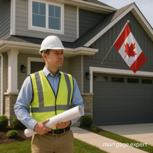"Professional construction worker wearing hard hat and safety vest standing outside a modern Canadian home with Canadian flag, holding blueprints, mortgage.expert watermark."