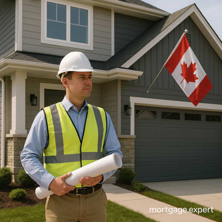 "Professional construction worker wearing hard hat and safety vest standing outside a modern Canadian home with Canadian flag, holding blueprints, mortgage.expert watermark."