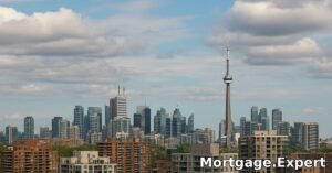 Toronto skyline with residential buildings and condos under a cloudy summer sky.