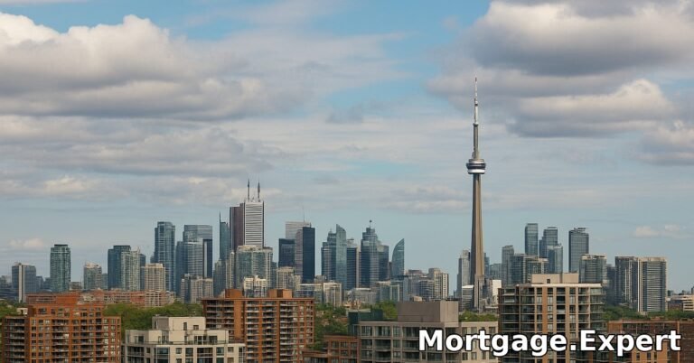 Toronto skyline with residential buildings and condos under a cloudy summer sky.