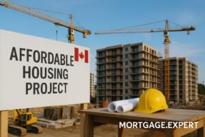 “Construction site in Toronto with cranes and new apartment buildings under the Build Canada Homes program, Canada’s new C$13B housing agency.”