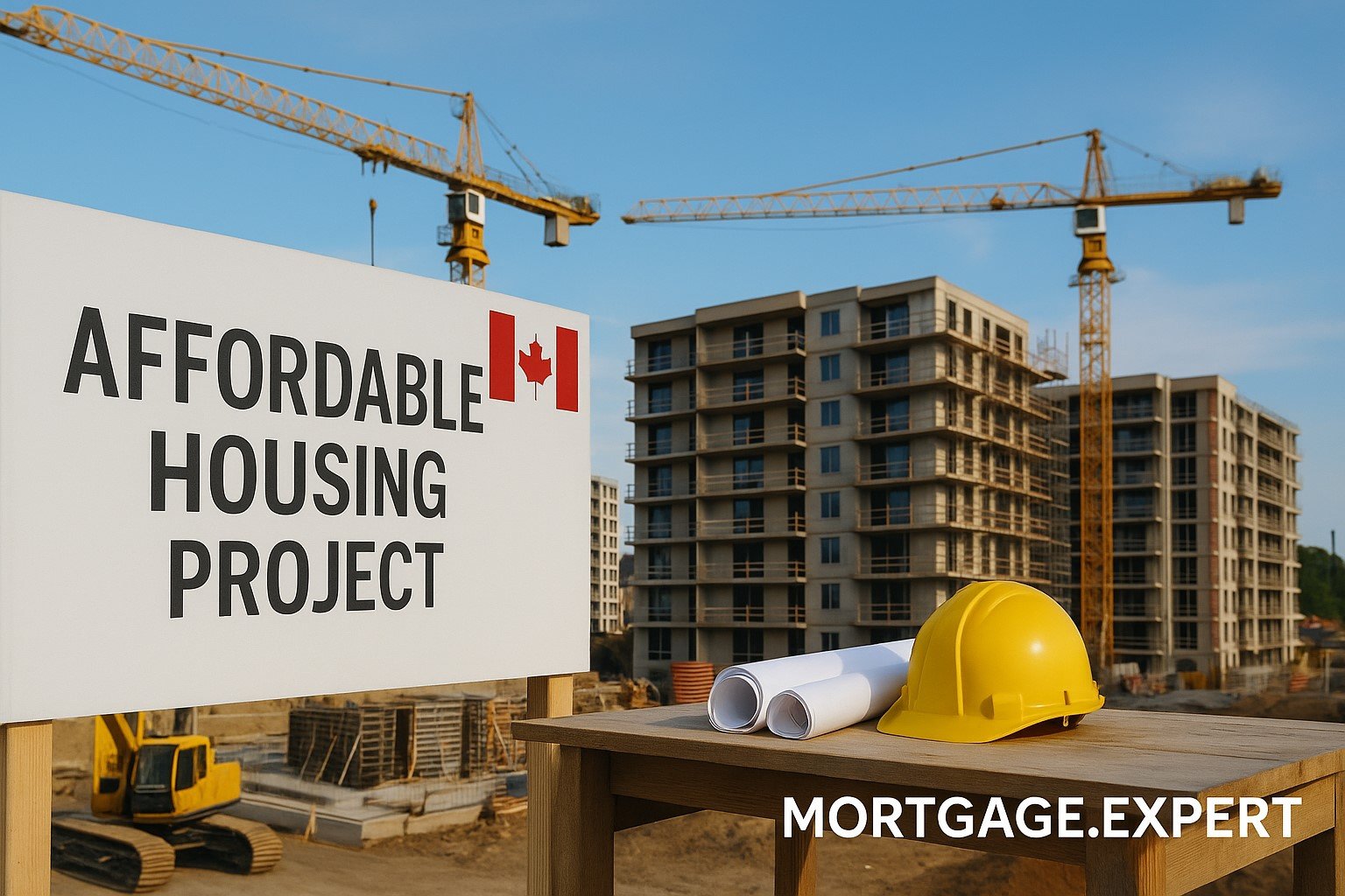 “Construction site in Toronto with cranes and new apartment buildings under the Build Canada Homes program, Canada’s new C$13B housing agency.”