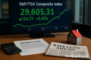 Toronto stock market board showing TSX index climbing, with a mortgage document, calculator, miniature house model, and a newspaper headline “Rate Cuts Ahead” on a desk.