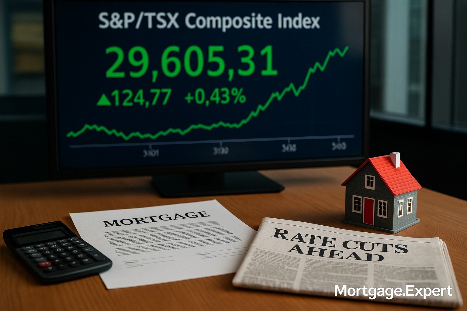 Toronto stock market board showing TSX index climbing, with a mortgage document, calculator, miniature house model, and a newspaper headline “Rate Cuts Ahead” on a desk.
