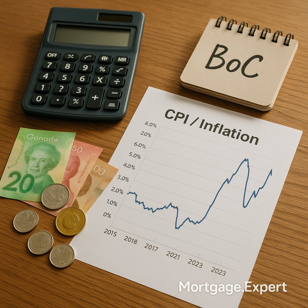 Calculator, Canadian currency, and inflation chart symbolizing easing inflation and its impact on mortgages.