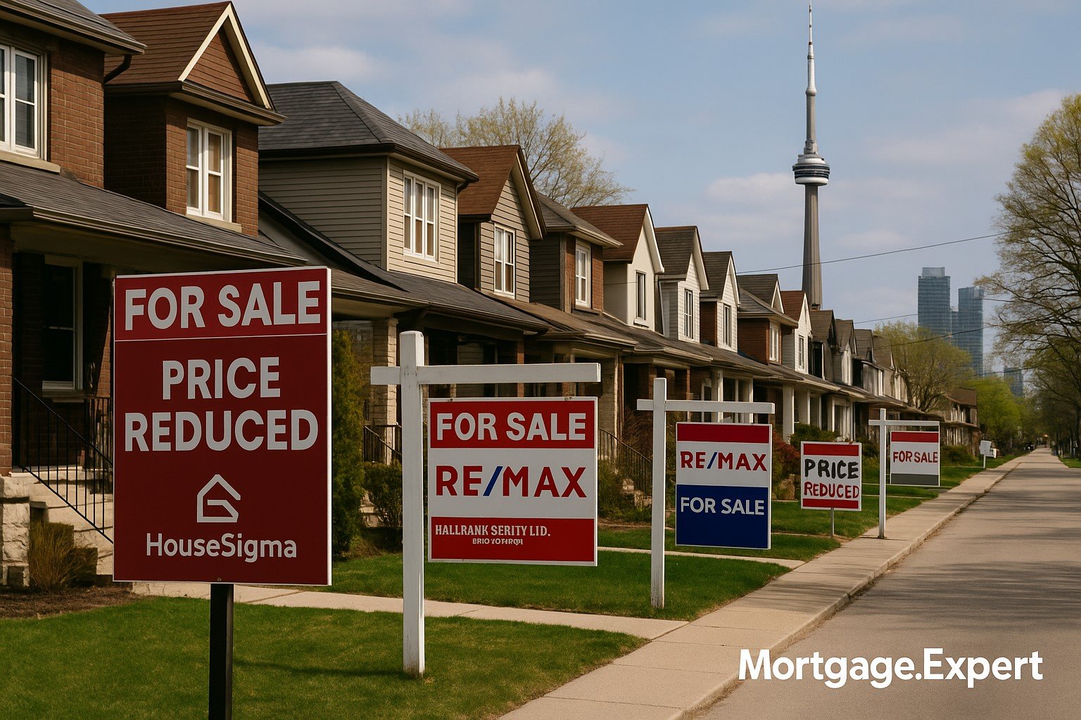 “Toronto homes with multiple For Sale signs as housing inventory rises and prices fall in 2025.”
