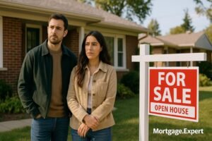 Canadian homebuyers waiting outside a house with a For Sale sign, symbolizing hesitation despite lower rates.