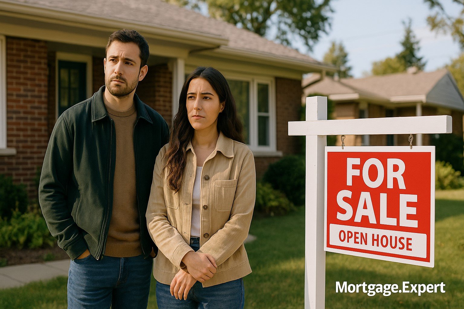 Canadian homebuyers waiting outside a house with a For Sale sign, symbolizing hesitation despite lower rates.