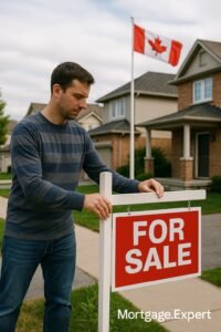 A man removes a red “For Sale” sign in front of a suburban Canadian home, with a Canadian flag visible in the background, symbolizing cancelled property listings amid housing market uncertainty.