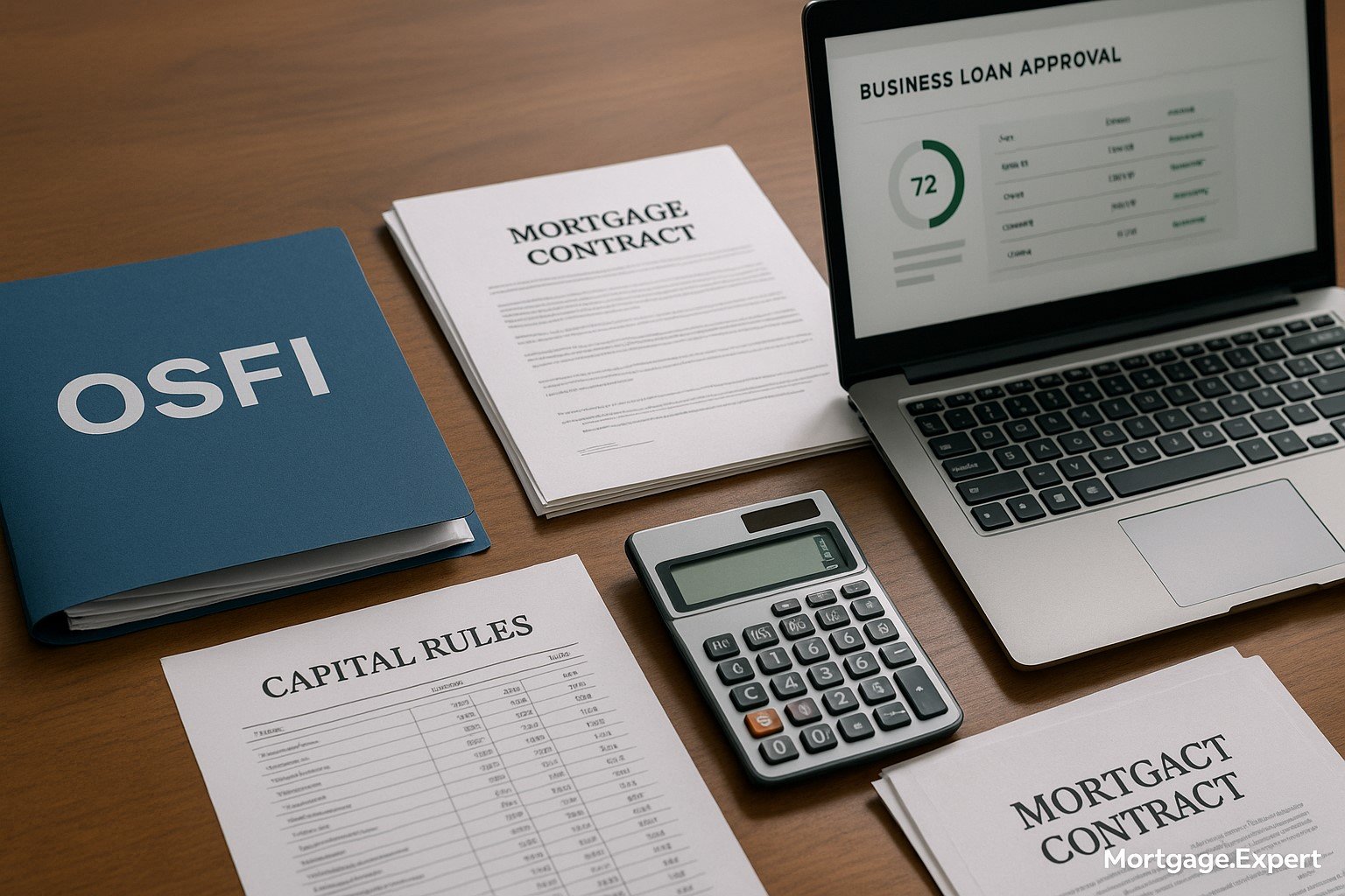 “Desk with OSFI policy folder, calculator, and business loan dashboard, symbolizing shift away from mortgages.”
