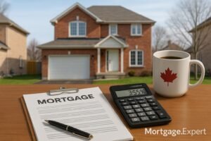 “A Canadian suburban red-brick home with a wooden desk in the foreground displaying mortgage documents, a pen, a calculator showing 3.55%, and a coffee mug with a maple leaf design.”