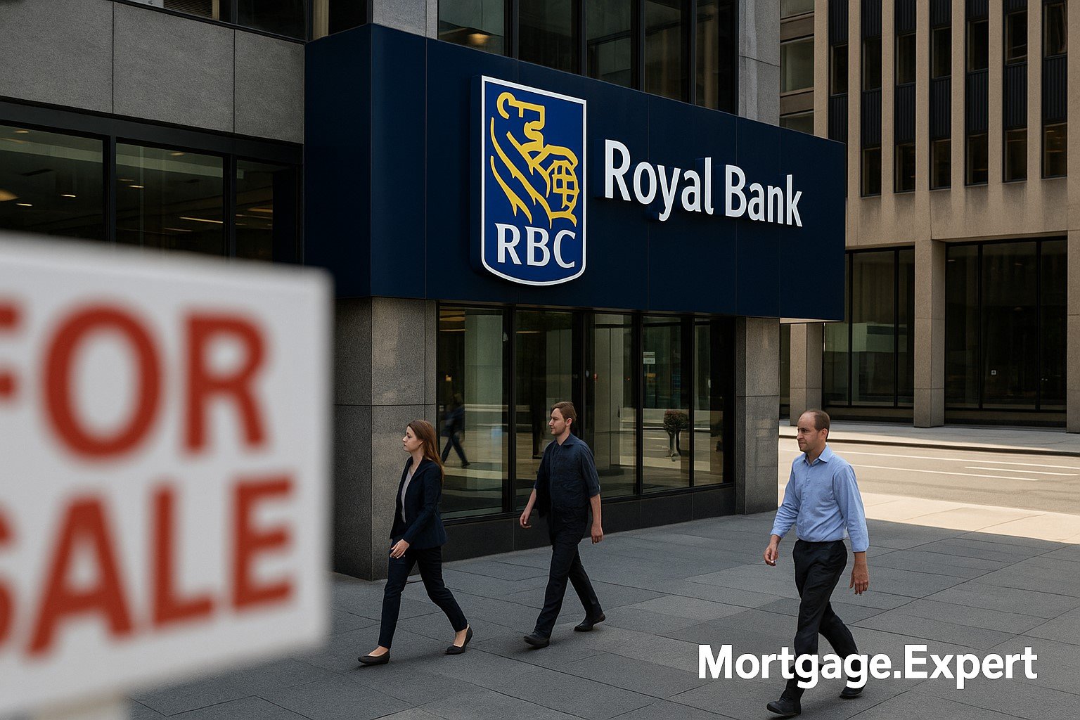 Canadian bank building in Toronto with pedestrians and a faint For Sale sign, symbolizing mortgage market resilience.