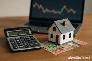 “Canadian mortgage market reacts to rate cuts with house model, calculator, and CAD currency.”