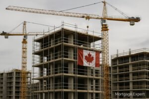 “Canadian housing construction site with cranes and Canadian flag, symbolizing Ottawa’s Build Canada Homes program.”