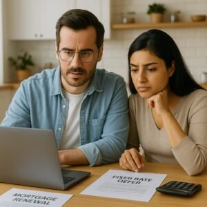 Canadian couple reviewing mortgage rate options on a laptop in September 2025.