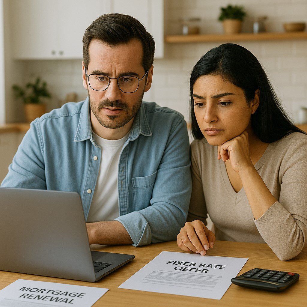 Canadian couple reviewing mortgage rate options on a laptop in September 2025.