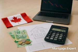 “Canadian mortgage recovery outlook — calculator, CAD currency, and housing blueprint on desk.”