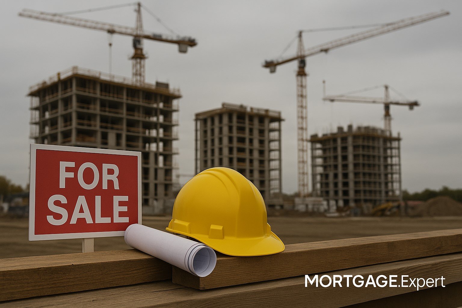 : A construction site with cranes and partially built condo towers under a cloudy sky, with a yellow safety helmet, rolled-up blueprint, and a red “For Sale” sign placed on a wooden beam in the foreground.