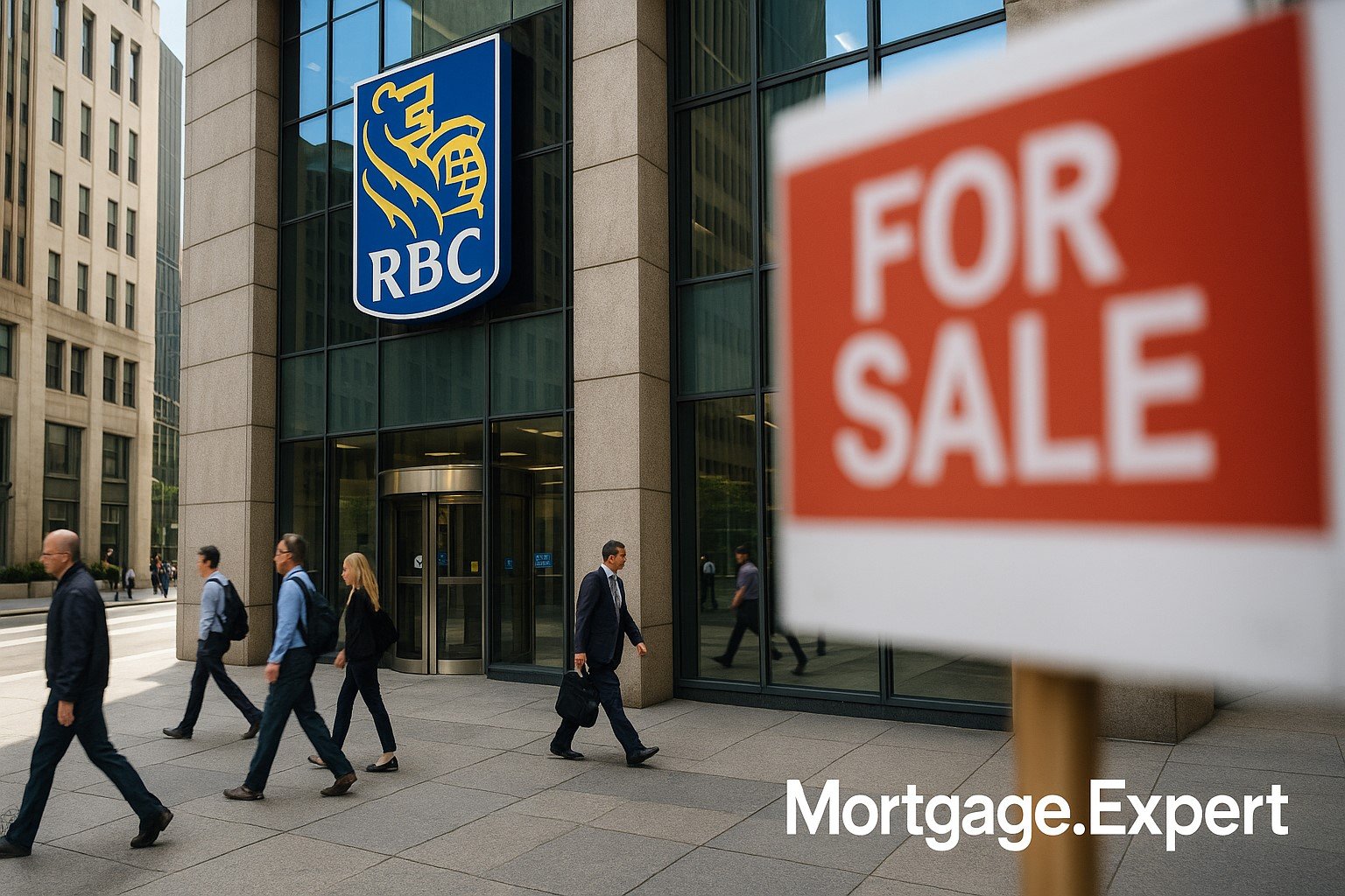 Downtown Toronto bank building with pedestrians walking past and a For Sale sign, symbolizing Canada’s mortgage stability.