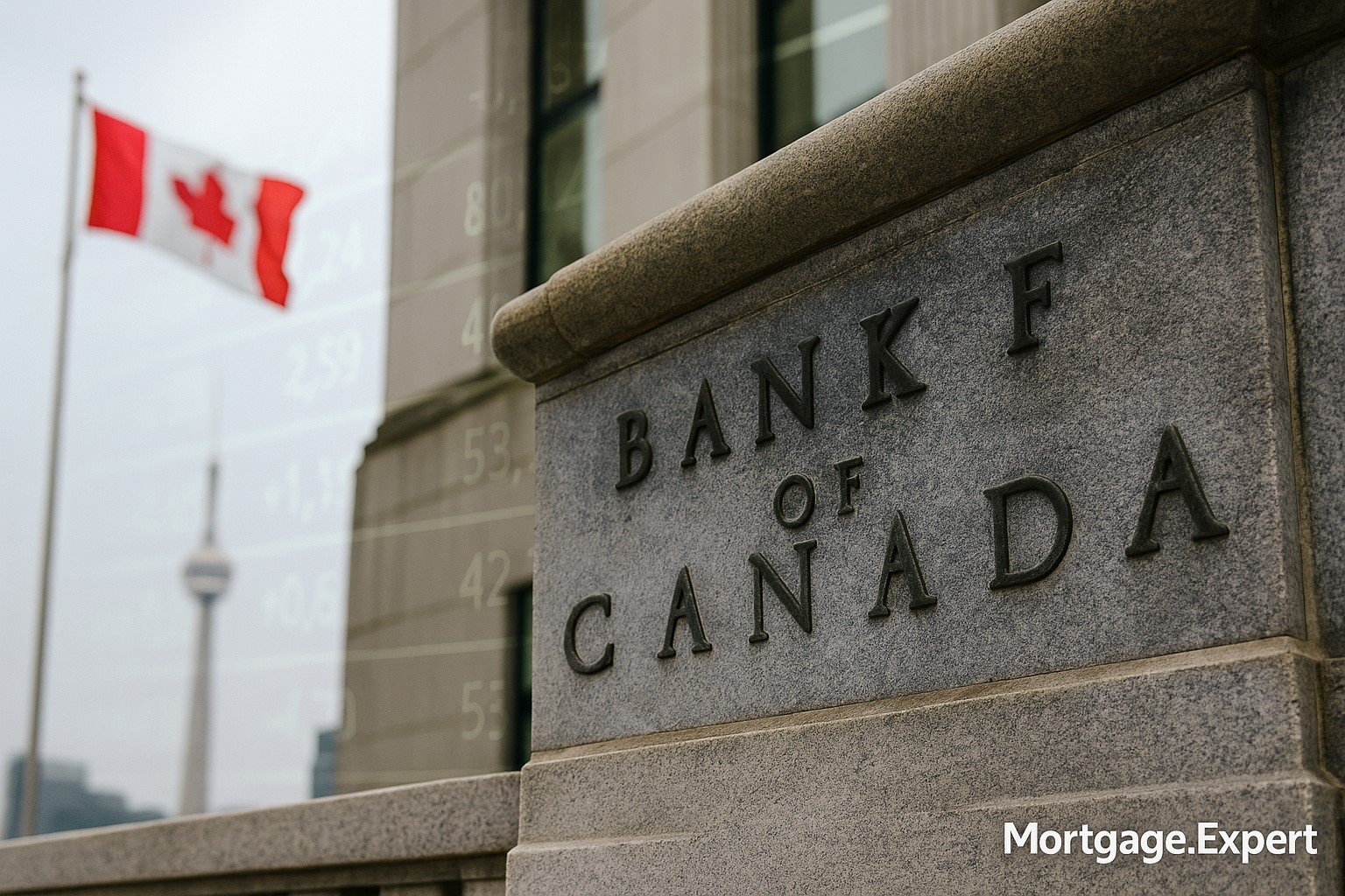“Bank of Canada building with Canadian flag and stock ticker overlay — signaling interest rate cut speculation.”