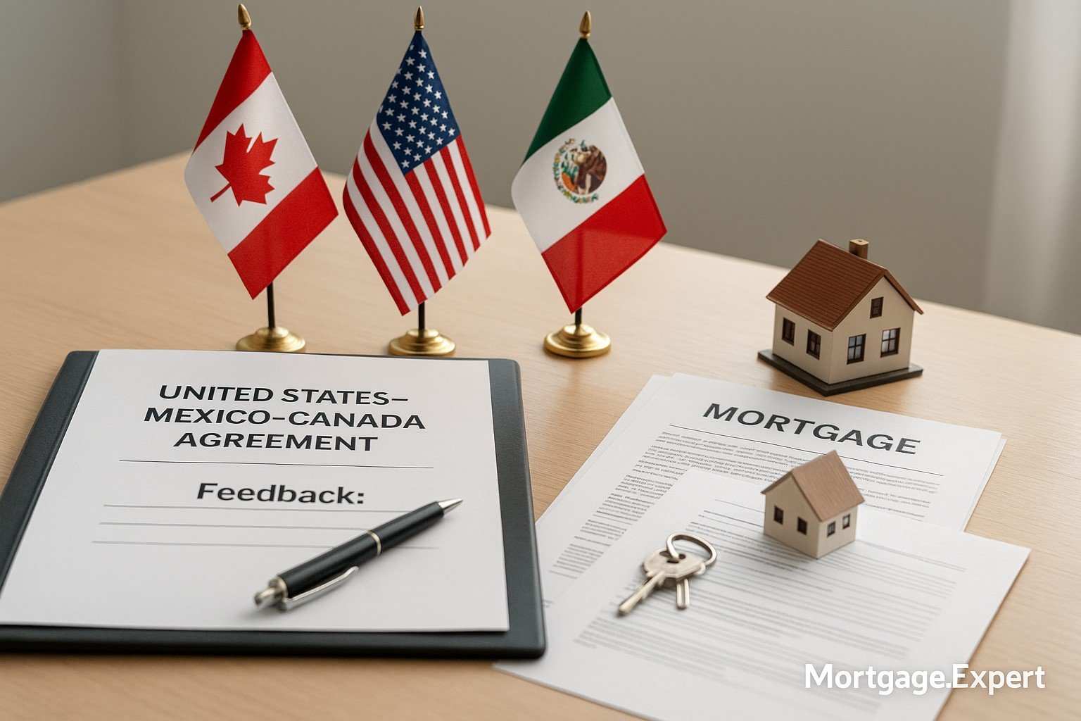 “Conference desk with USMCA binder, Canadian, U.S., and Mexican flags, mortgage papers and a small house model — symbolizing Canada’s public consultations on the trade deal and its impact on housing and mortgages.”